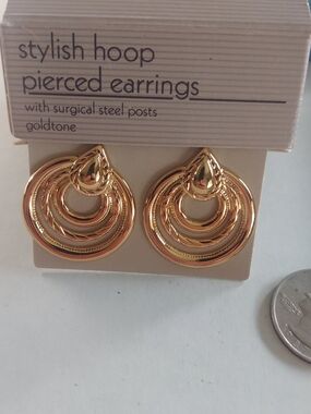 Vintage Avon Goldtone Multi-Ring Hoop Drop Earrings - Gold